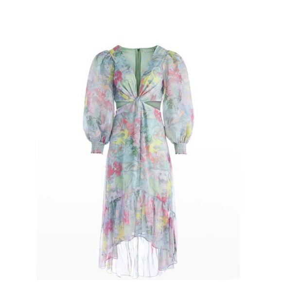 ALICE + OLIVIA KATIA TWIST-FRONT FLORAL CUTOUT MAXI DRESS HIGH LOW Sz 6 NWT - Picture 2 of 8